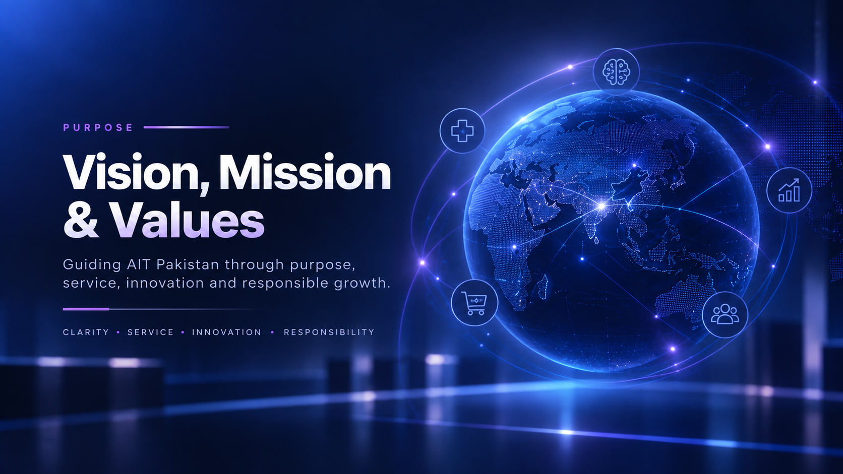 AIT Pakistan Vision, Mission & Values banner showing a futuristic digital interface and global connectivity theme.