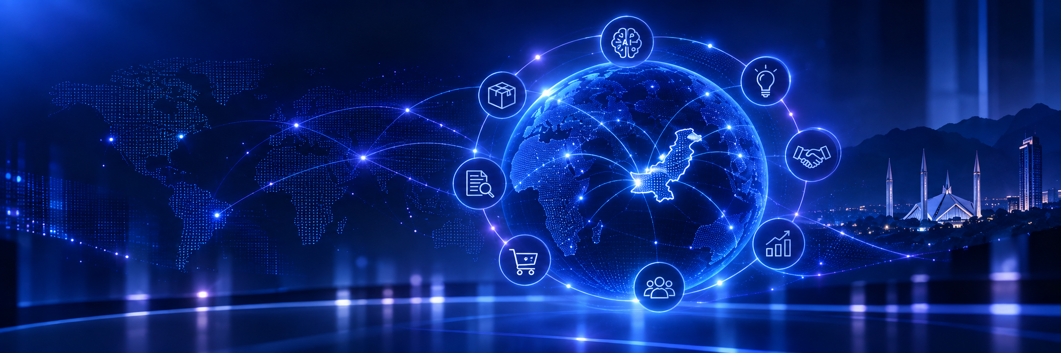 AIT Pakistan Why AIT banner showing a connected digital globe, Pakistan-focused network, artificial intelligence, commerce, research, partnerships and responsible growth.
